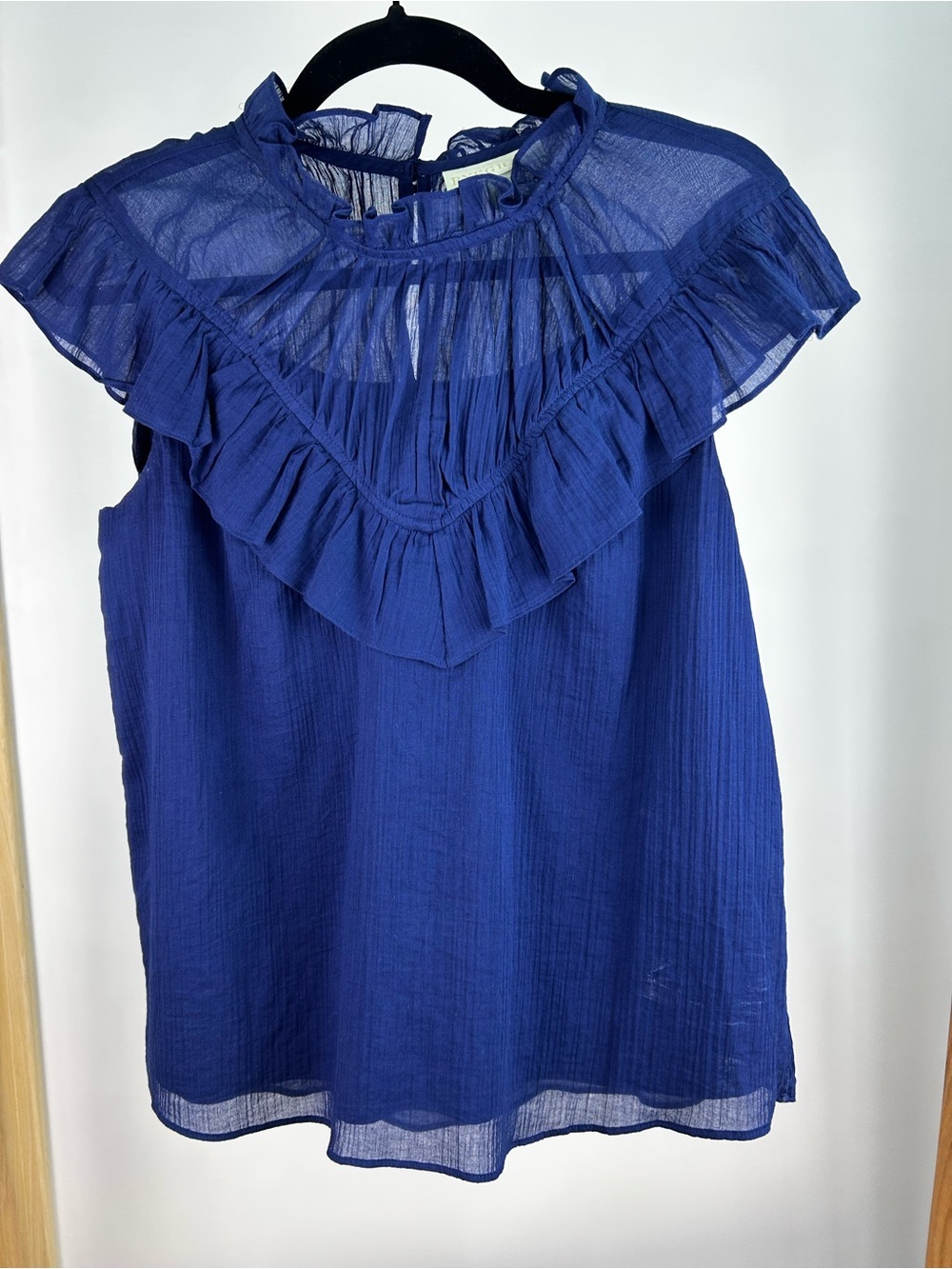 Sleeveless Ruffle-Neck Blouse in Cobalt Blue
